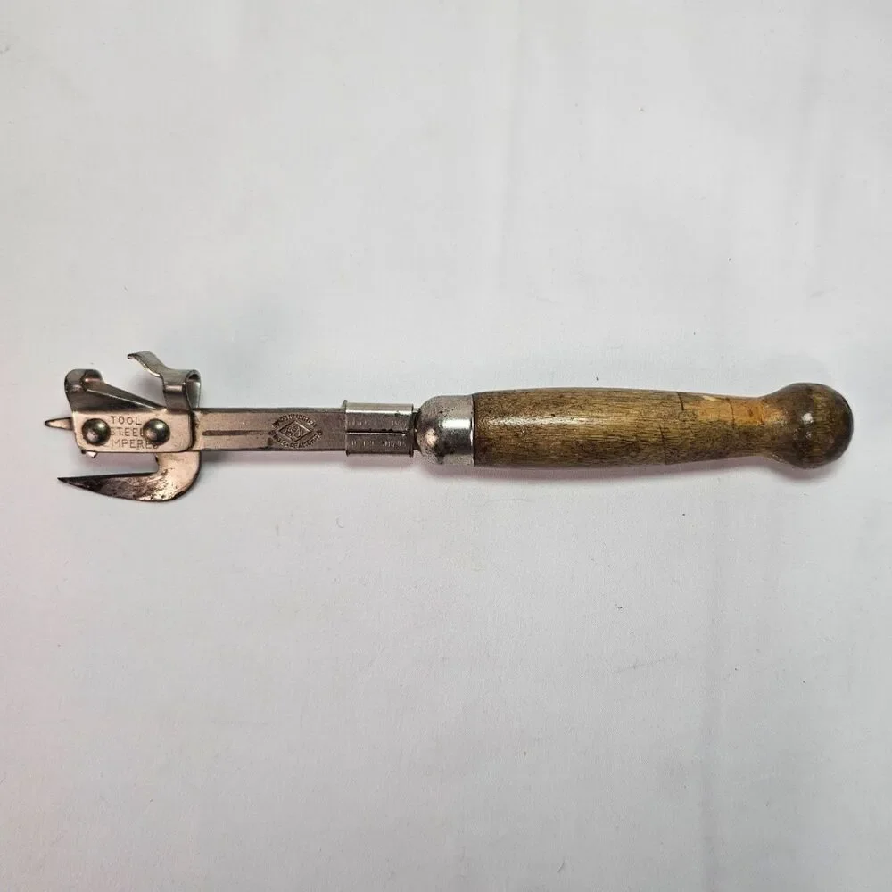 Vintage A&J Can Bottle Opener Wood Handle Tool Steel Tempered USA Kitchen Tool
